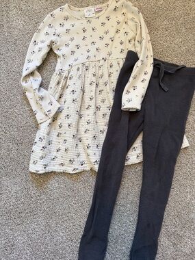 ZARA Cream Floral Waffle Dress with Charcoal Leggings